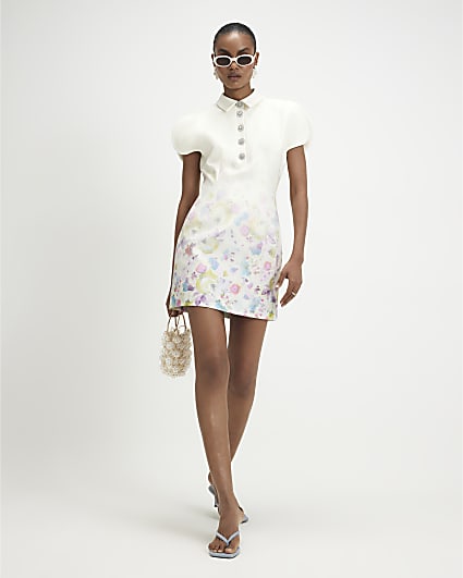 Cream Split Sleeve Floral Mini Dress