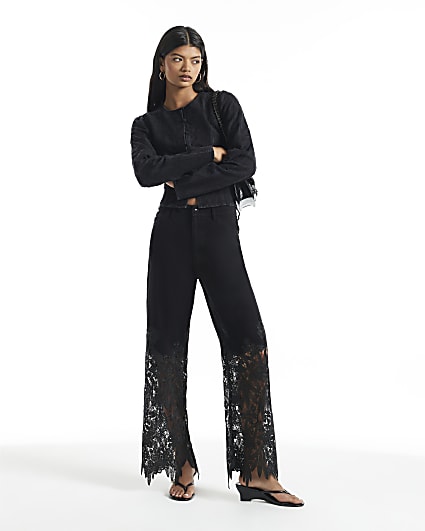 Black High Rise Relaxed Straight Lace Jeans