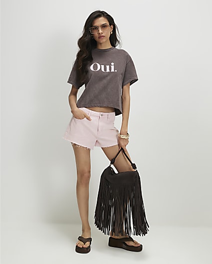 Brown Cotton Oui Boxy T-Shirt