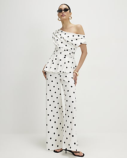 Cream Polka Dot Peplum Drape Jumpsuit