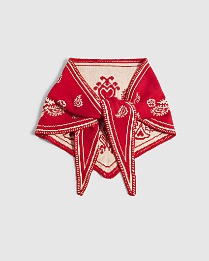 Red Knit Paisley Triangle Scarf