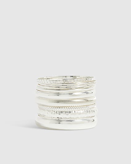 Silver Stack Of 10 Bangle Bracelets