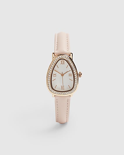 Pink Faux Leather Strap Rhinestone Watch