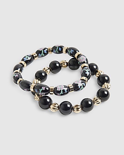 Black Floral Painted Bead Bracelets 2 Pack