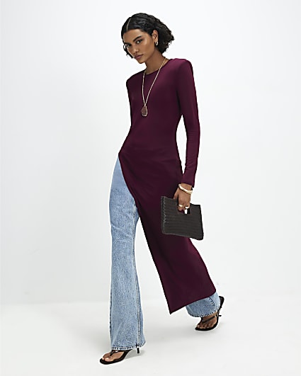 Red Shoulder Pad Long Asymmetric Top
