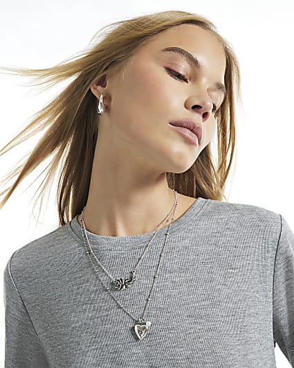 Silver Locket And Rose Multirow Necklace