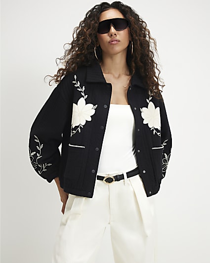 Black Quilted Embroidered Shacket