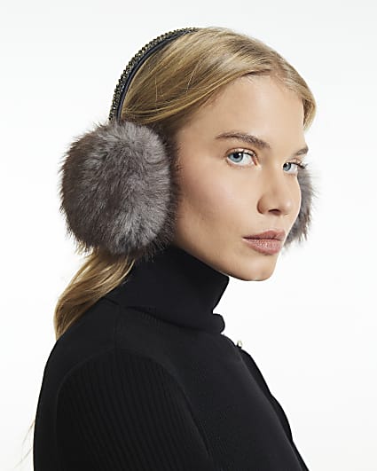 Grey Faux Fur Embellished Earmuffs