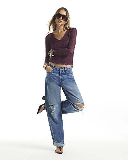 Purple Lace V Neck Top