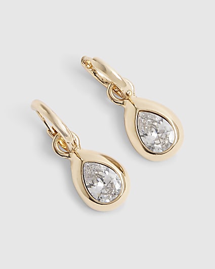 Gold Diamond Simulant Tear Drop Earrings