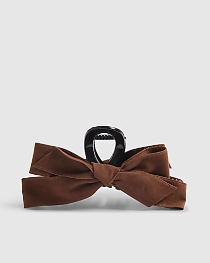 Brown Bow Faux Suede Brown Claw Clip