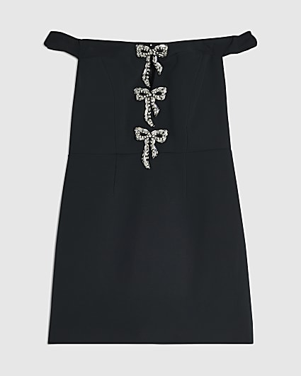 Petite Black Diamante Bow Mini Dress