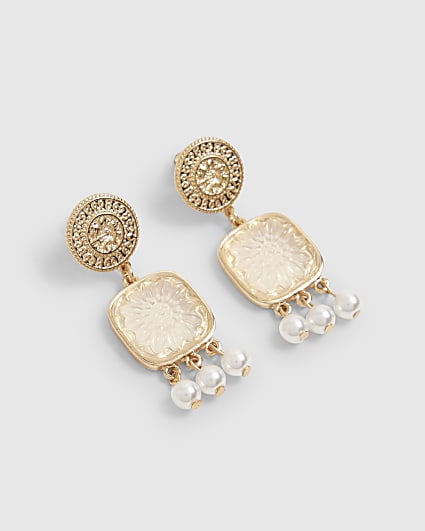 Gold Coin Square Drop Earrings