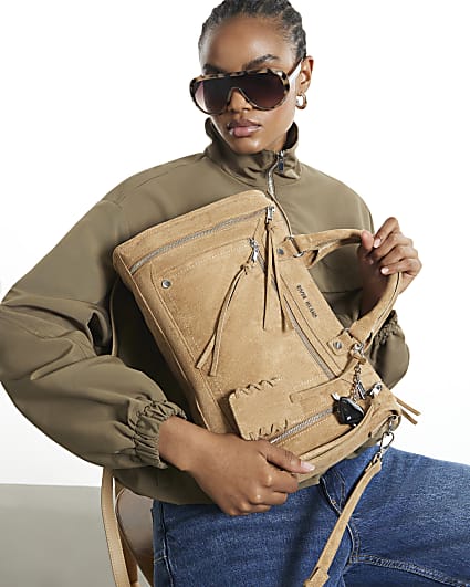 Beige Faux Suede Zip Panel Tote Bag