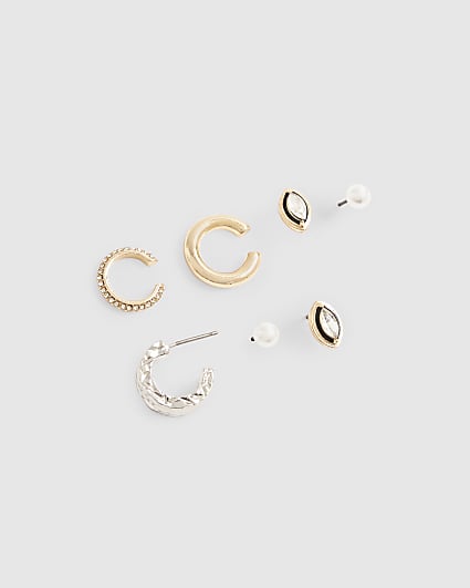Silver Mixed Metal Stud And Cuff Earring Pack