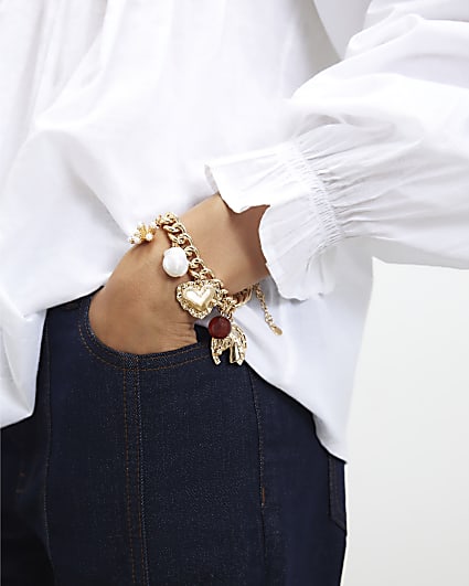 Gold Heart And Pearl Charm Bracelet