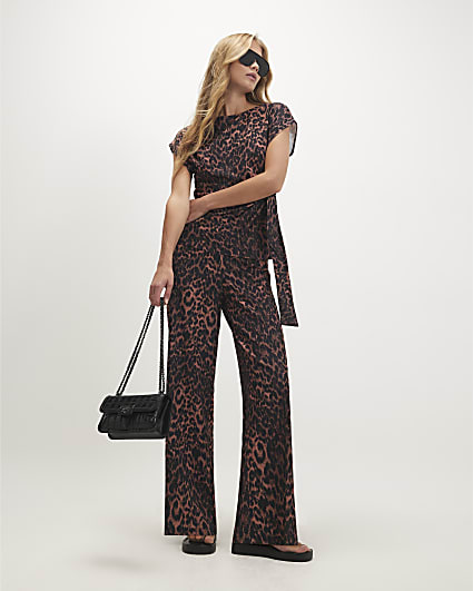 Brown Leopard Textured Wide Leg Trousers