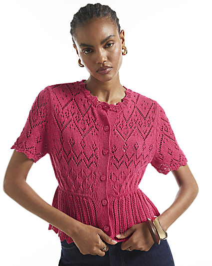 Pink Crochet Knit Style Peplum Hem Polo Top