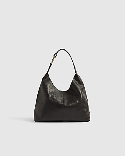 Black Crocodile Print Leather Mix Slouch Bag