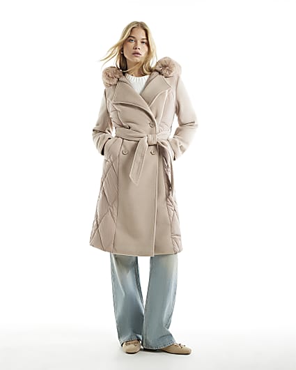 Beige Puffer Hybrid Faux Fur Trim Coat