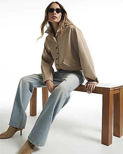 Beige Button Detail Cropped Trench Coat