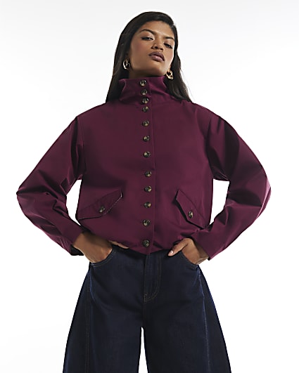 Burgundy Button Detail Crop Trench Coat