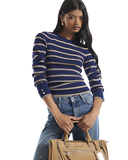 Navy Ribbed Knit Layered Cuff Top