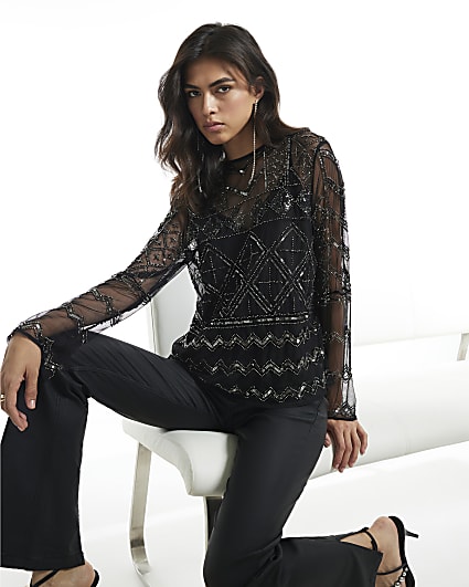 Black Long Sleeve Embellished Mesh Top