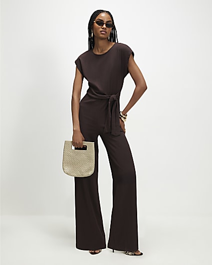 Brown Textured Tie Side Jumpsuit