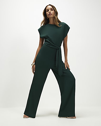Green Short Sleeve Textured Tie Jumpsuit