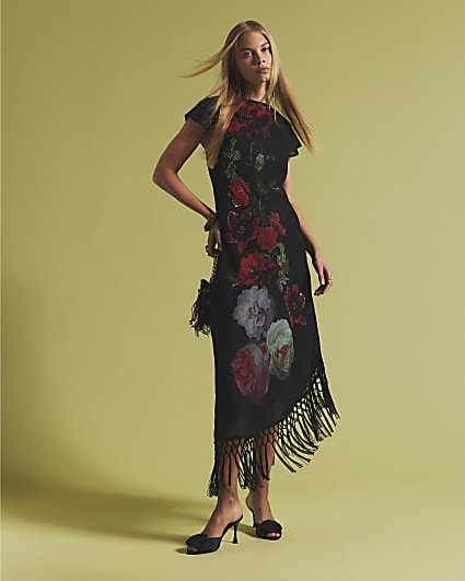 Black Floral Beaded Fringed Dress