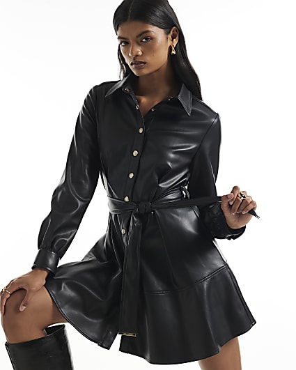 Black Faux Leather Belted Shirt Dress