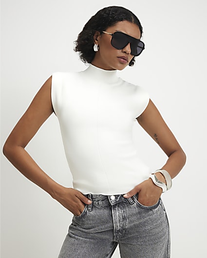 Cream High Neck Fitted Knit Top