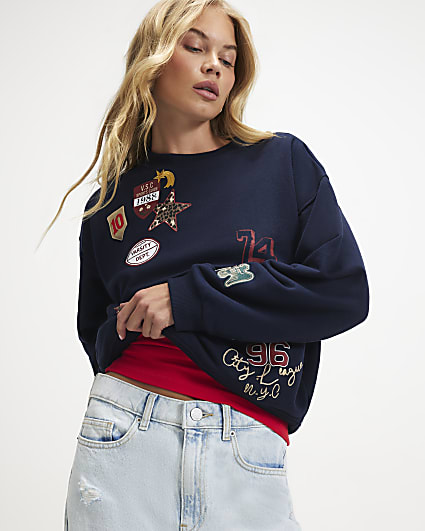 Navy Long Sleeve Varsity Badge Sweatshirt