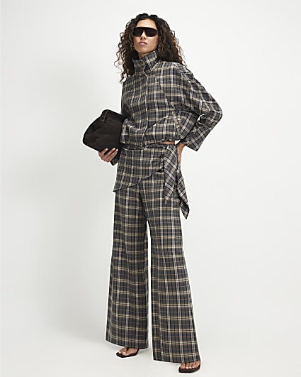 Green Scarf Detail Check Wide Leg Trousers