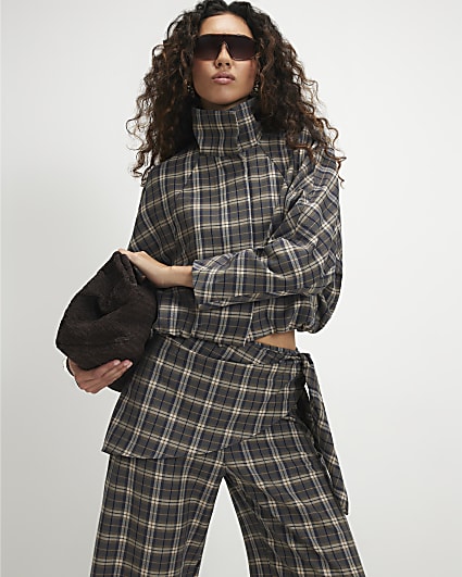 Green Check Funnel Neck Bomber Jacket