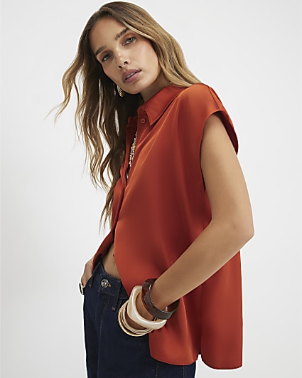 Orange Satin Short Sleeve Relaxed Fit Shirt