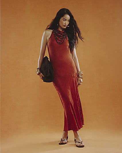 Orange Halter Neck Maxi Slip Dress