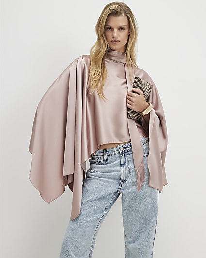Pink Satin Fringed Scarf Cape