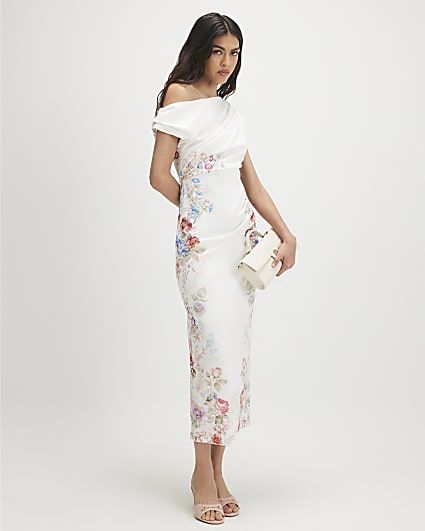 Cream Floral Print Drape Midi Dress