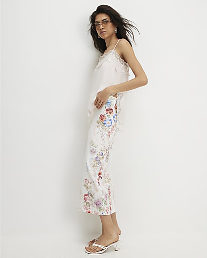 Cream Floral Print Midi Skirt