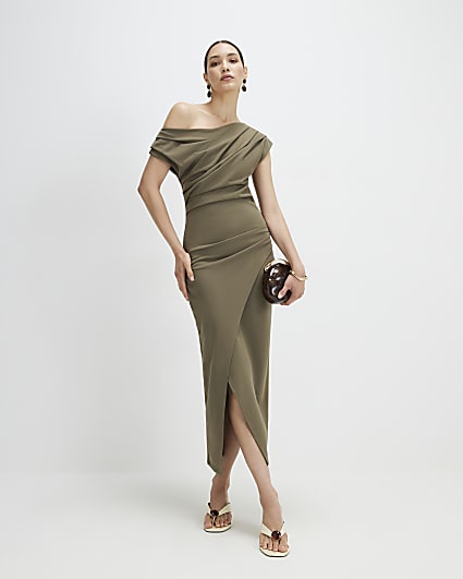 Khaki Drape Wrap Midi Dress