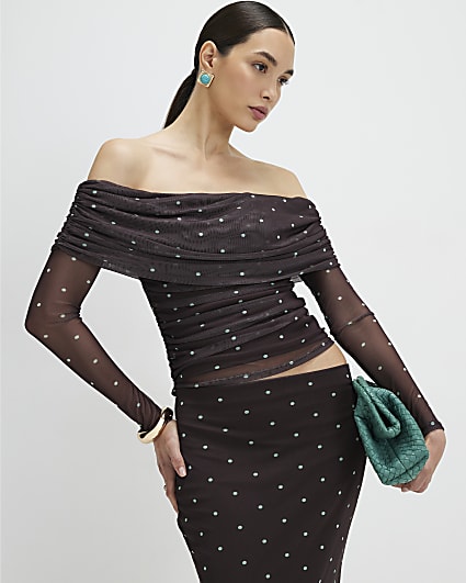 Brown Long Sleeve Spot Mesh Ruched Bardot Top