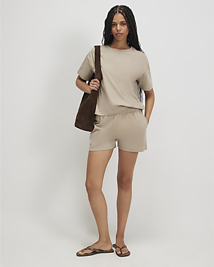 Beige Cotton T-Shirt And Shorts Set