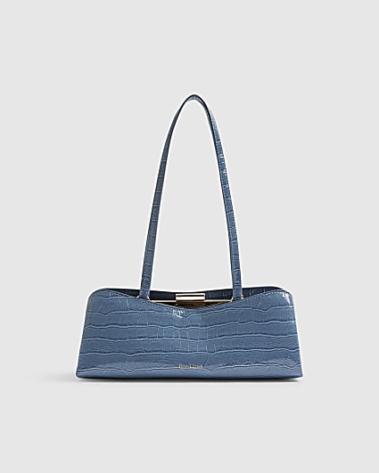 Blue Croc Print Metal Frame Shoulder Bag