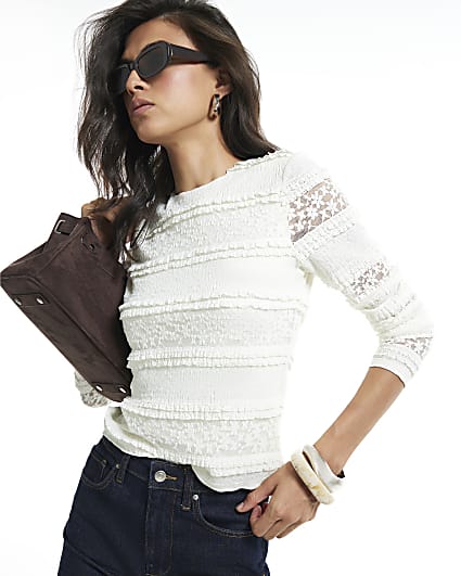 Cream Ruffle Textured Lace Top