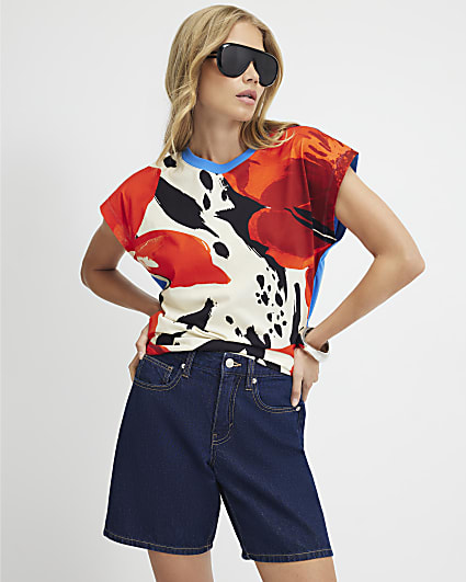 Blue Cotton Animal Abstract Print T-Shirt