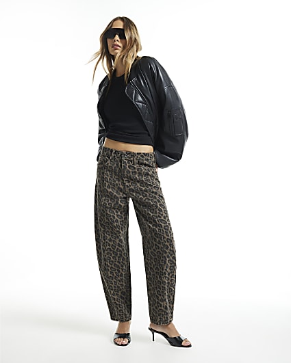 Brown Leopard Print Mid Rise Barrel Leg Jeans