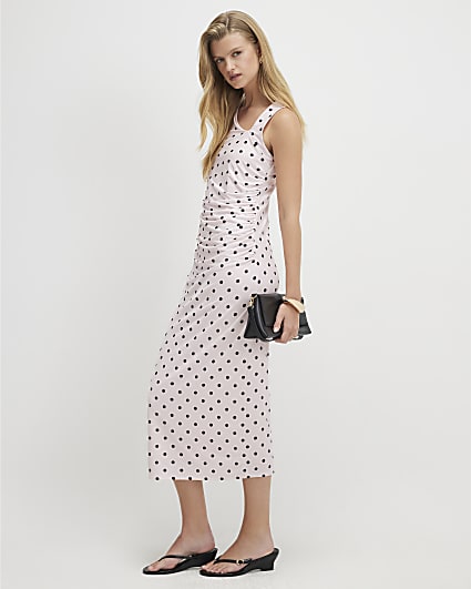Pink Spot Print Asymmetric Neck Midi Dress