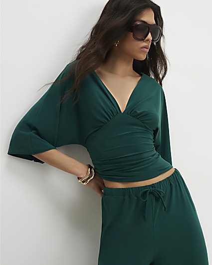 Green Short Sleeve Plunge Neckline Top
